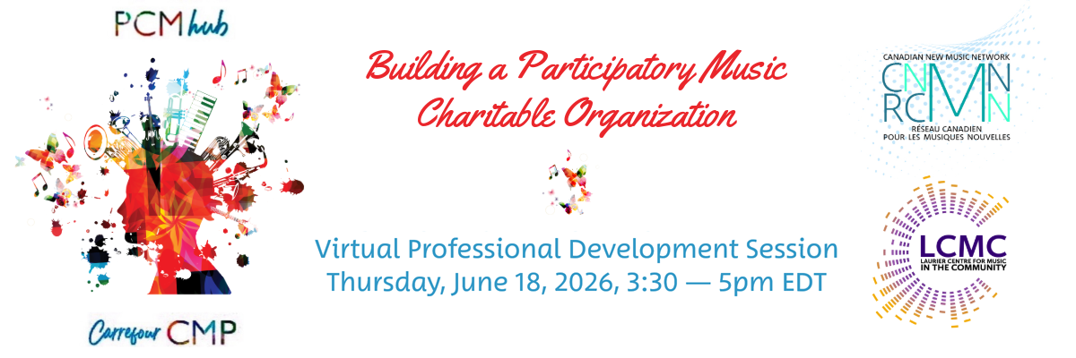 Building a Participatory Music Charitable Organization Promotional banner for a Virtual Professional Development Session; with centered red text that reads: Building a Participatory Music Charitable Organization; and blue text below: Virtual Professional Development Session; On the left, a colorful artistic illustration of a human head in profile, bursting with musical instruments, notes, butterflies, and ink splatters. Above the head, text reads: PCM Hub and below Carrefour CMP. The right side displays two stacked logos: Canadian New Music Network (Réseau canadien pour les musiques nouvelles) on top, and Laurier Centre for Music in the Community below.
